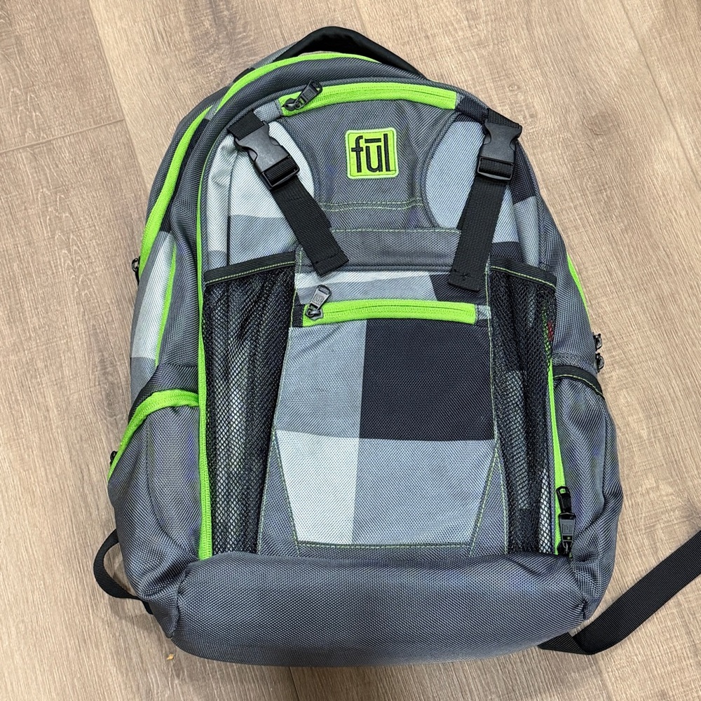 Ful Laptop Backpack‎ Grey Lime Green Multi-Compartment Air Flow Panel Travel Bag